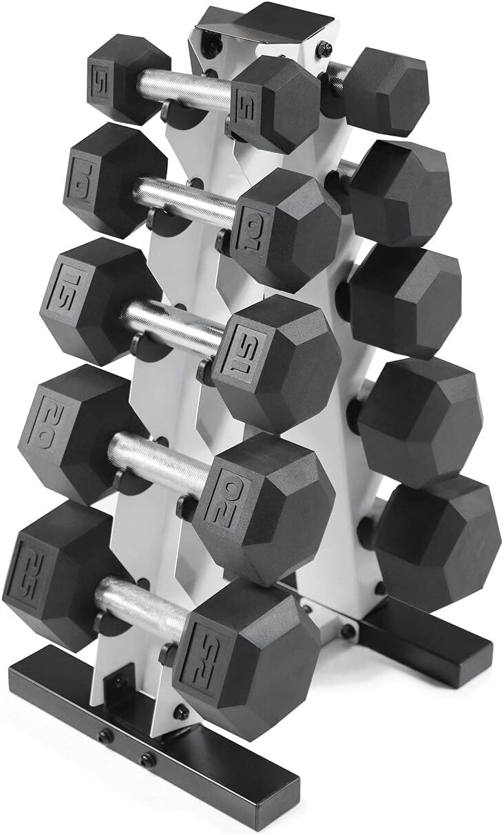 WF Athletic Supply 5-25Lb Rubber Coated Hex Dumbbell Set with a Frame Storage Rack Non-Slip Hex Shape for Muscle Toning, Strength Building & Weight Loss - Multiple Choices Available