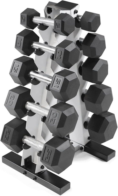 WF Athletic Supply 5-25Lb Rubber Coated Hex Dumbbell Set with a Frame Storage Rack Non-Slip Hex Shape for Muscle Toning, Strength Building & Weight Loss - Multiple Choices Available