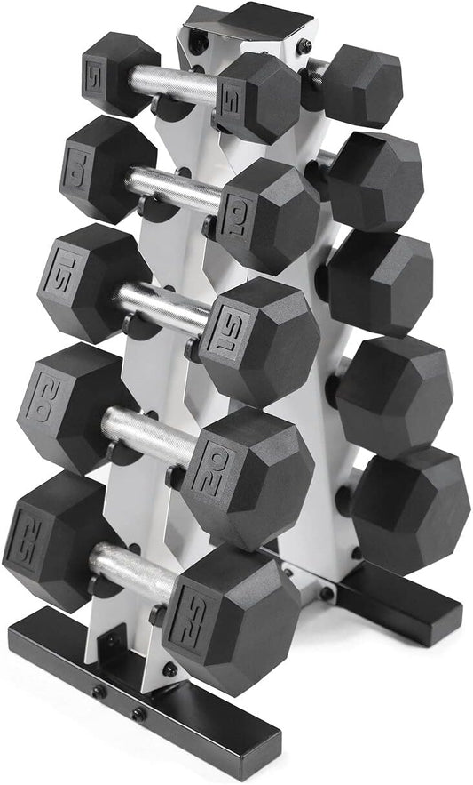 WF Athletic Supply 5-25Lb Rubber Coated Hex Dumbbell Set with a Frame Storage Rack Non-Slip Hex Shape for Muscle Toning, Strength Building & Weight Loss - Multiple Choices Available