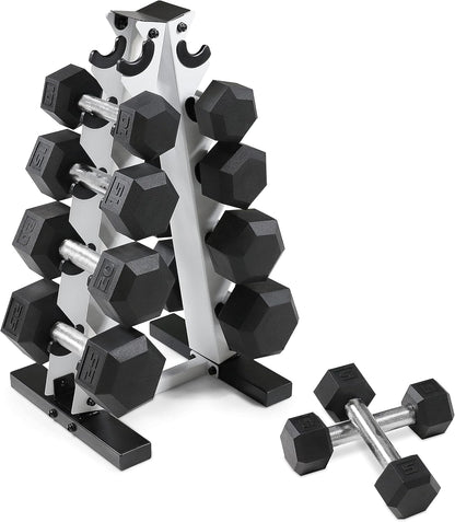 WF Athletic Supply 5-25Lb Rubber Coated Hex Dumbbell Set with a Frame Storage Rack Non-Slip Hex Shape for Muscle Toning, Strength Building & Weight Loss - Multiple Choices Available