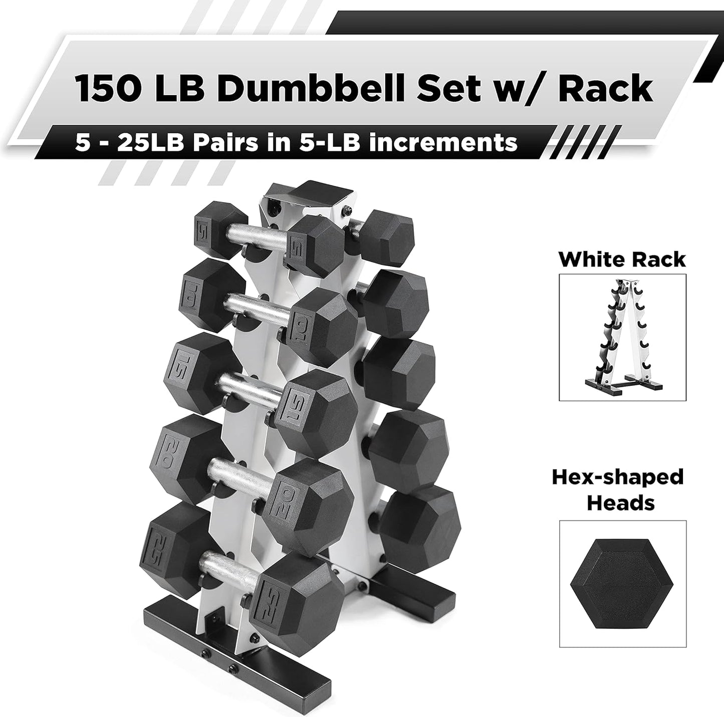 WF Athletic Supply 5-25Lb Rubber Coated Hex Dumbbell Set with a Frame Storage Rack Non-Slip Hex Shape for Muscle Toning, Strength Building & Weight Loss - Multiple Choices Available