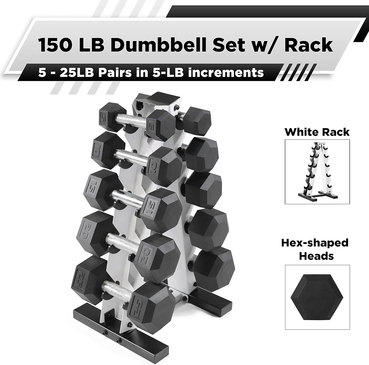WF Athletic Supply 5-25Lb Rubber Coated Hex Dumbbell Set with a Frame Storage Rack Non-Slip Hex Shape for Muscle Toning, Strength Building & Weight Loss - Multiple Choices Available