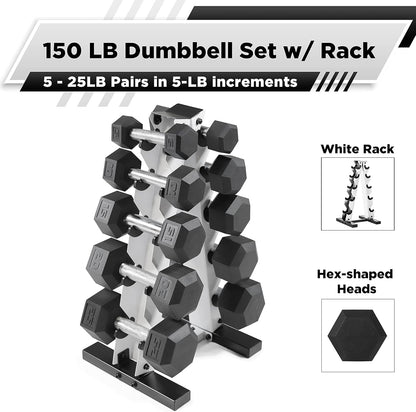 WF Athletic Supply 5-25Lb Rubber Coated Hex Dumbbell Set with a Frame Storage Rack Non-Slip Hex Shape for Muscle Toning, Strength Building & Weight Loss - Multiple Choices Available