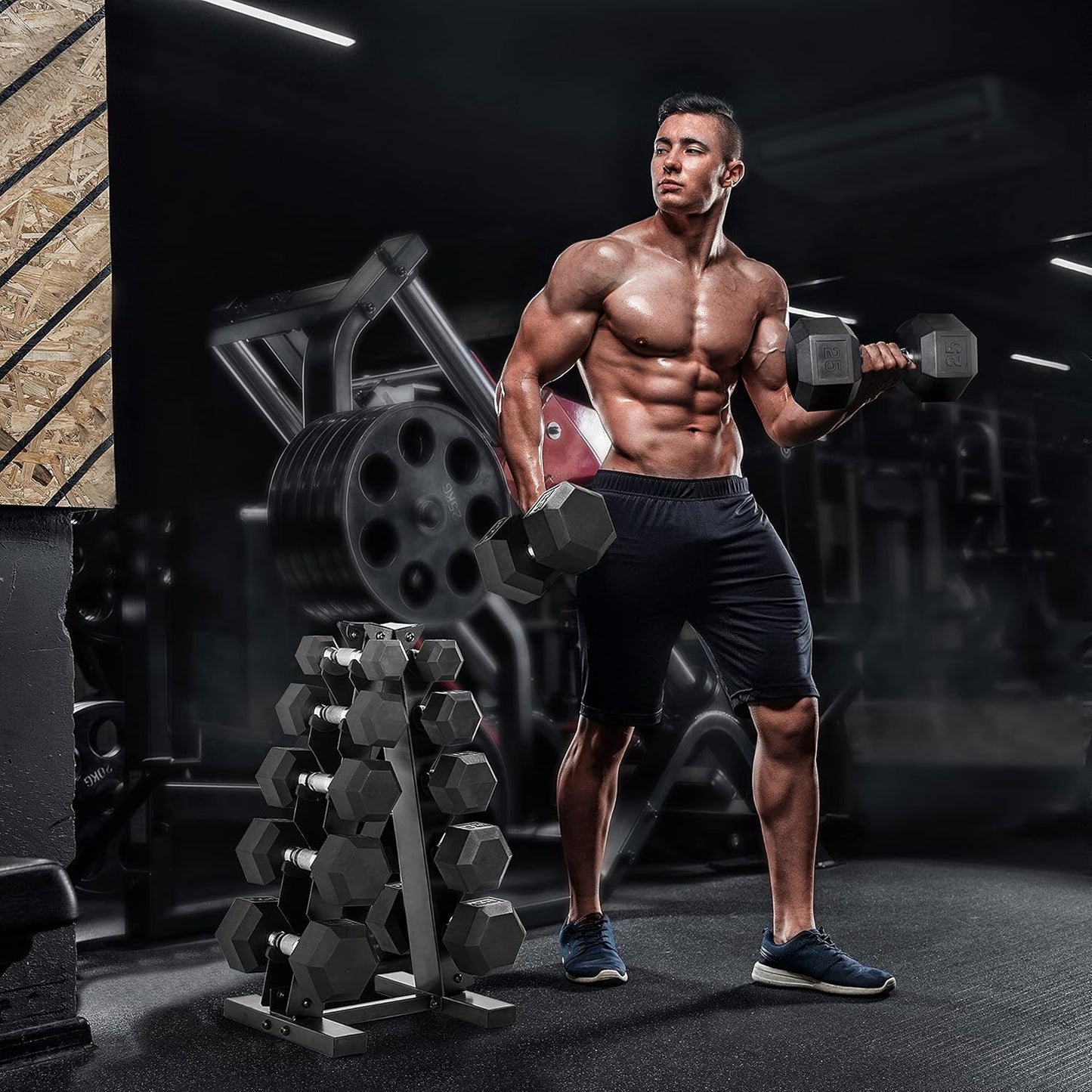 WF Athletic Supply 5-25Lb Rubber Coated Hex Dumbbell Set with a Frame Storage Rack Non-Slip Hex Shape for Muscle Toning, Strength Building & Weight Loss - Multiple Choices Available