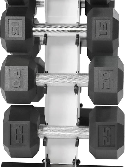 WF Athletic Supply 5-25Lb Rubber Coated Hex Dumbbell Set with a Frame Storage Rack Non-Slip Hex Shape for Muscle Toning, Strength Building & Weight Loss - Multiple Choices Available